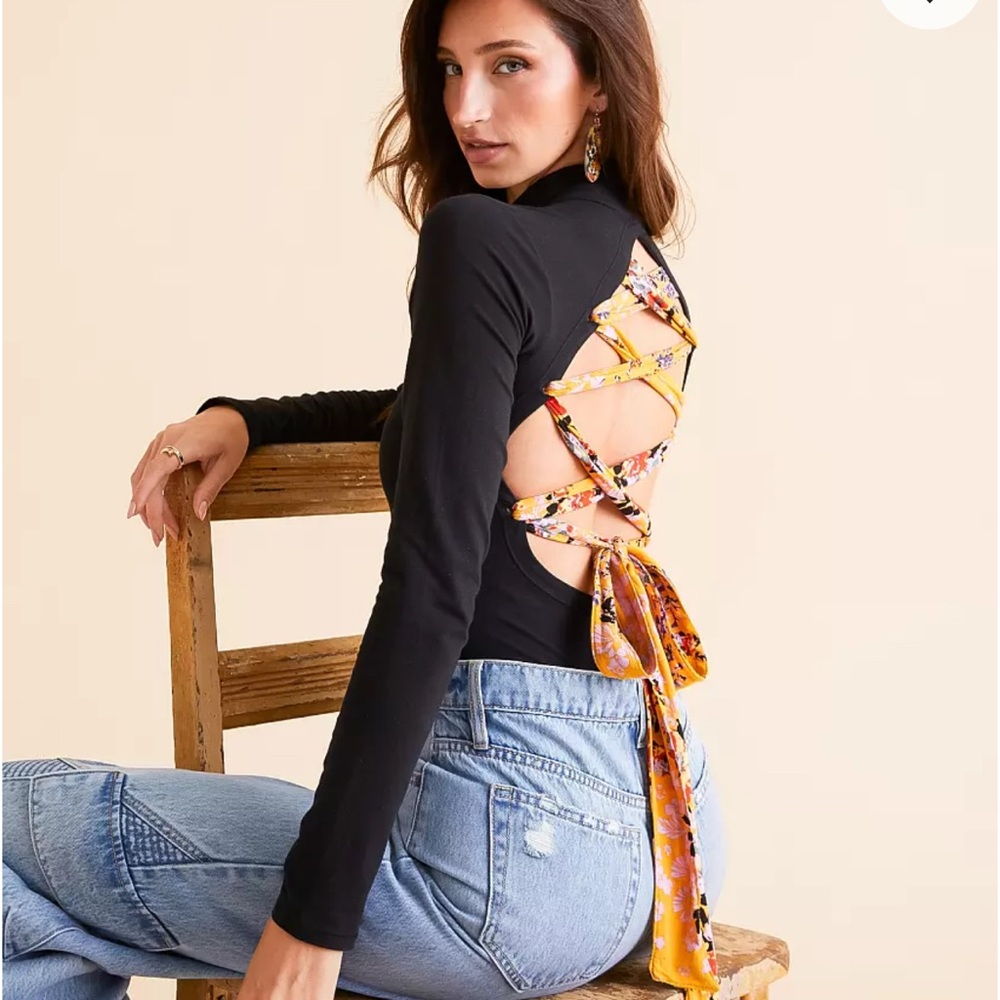 Free People Black Long Sleeve Bodysuit with Yellow Floral Lace-Up Back